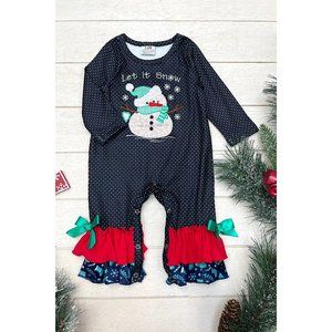 Baby Navy Ruffle Polkadot 'Let It Snow' Snowman Applique Long Sleeve Romper 6M